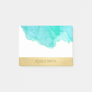 Personalised Turquoise Watercolor Faux Gold Foil Post-it Notes