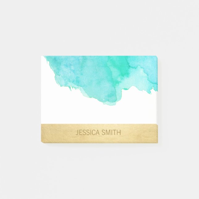 Personalised Turquoise Watercolor Faux Gold Foil Post-it Notes (Front)
