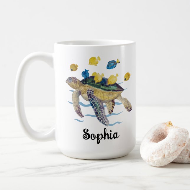 Personalised Turtle Mug, Turtle Lover Gift, Turtle Coffee Mug (With Donut)