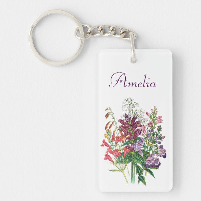 Personalised Turtlehead and Beardtongue Flowers Key Ring (Front)