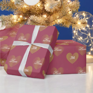 Personalised Twice Golden Hearts, Burgundy Wrapping Paper