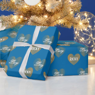 Personalised Twice Golden Hearts, French Blue Wrapping Paper