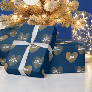 Personalised Twice Golden Hearts, Prussian Blue Wrapping Paper