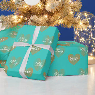 Personalised Twice Golden Hearts, Turquoise Wrapping Paper