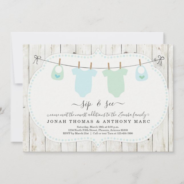 Personalised Twin Boys Sip and See Invitation (Front)