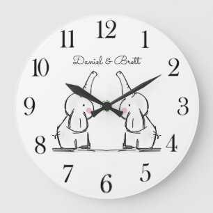 Personalised Twins Baby Elephants Nursery  Large C Clock