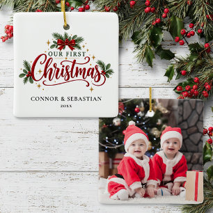 Personalised Twins First Christmas Photo Ceramic Ornament