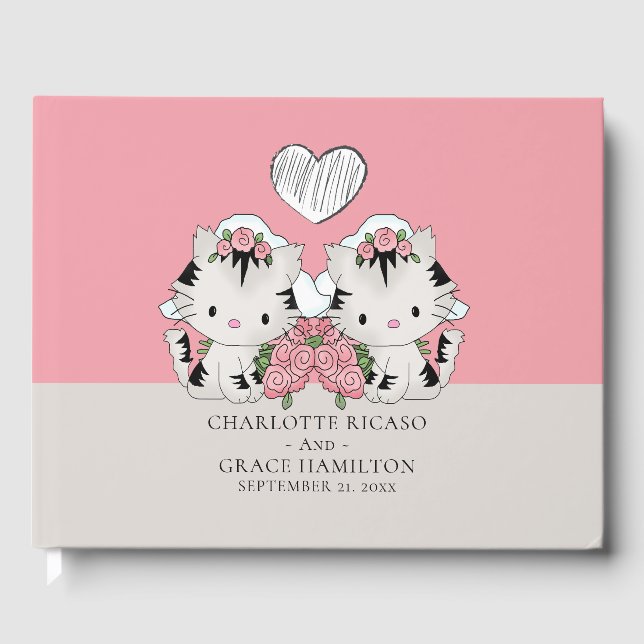 Personalised Two Brides Cat Themed Gay Wedding Guest Book (Front)