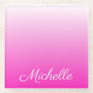Personalised two-tone gradient ombre hot pink glass coaster