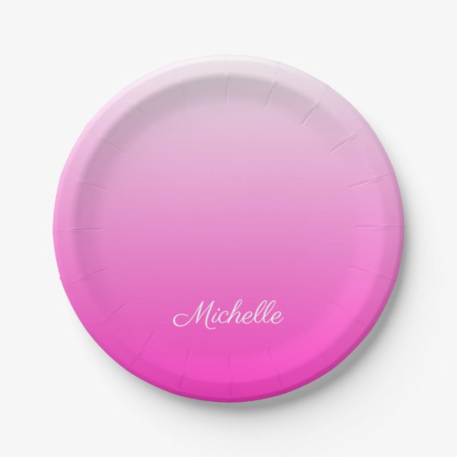 Personalised two-tone gradient ombre hot pink paper plate (Front)