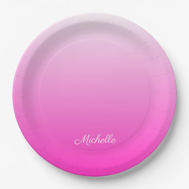 Personalised two-tone gradient ombre hot pink paper plate (Front)