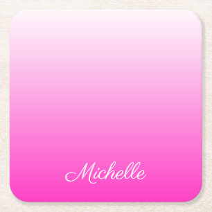 Personalised two-tone gradient ombre hot pink square paper coaster