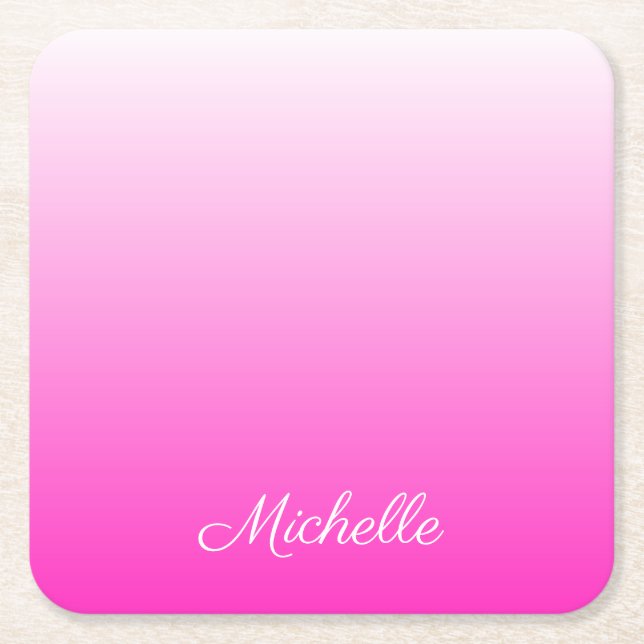 Personalised two-tone gradient ombre hot pink square paper coaster (Front)