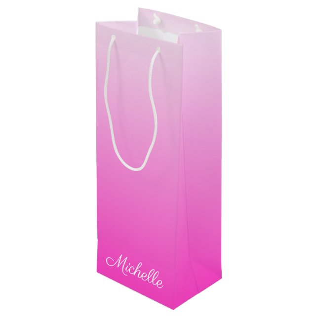 Personalised two-tone gradient ombre hot pink wine gift bag (Back Angled)