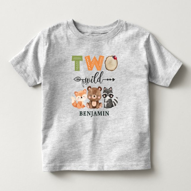 Personalised Two Wild Woodland Animal 2nd Birthday Toddler T-Shirt (Front)