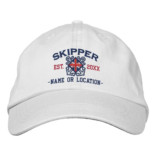 Personalised UK Flag Skipper Nautical Embroidered Hat (Front)