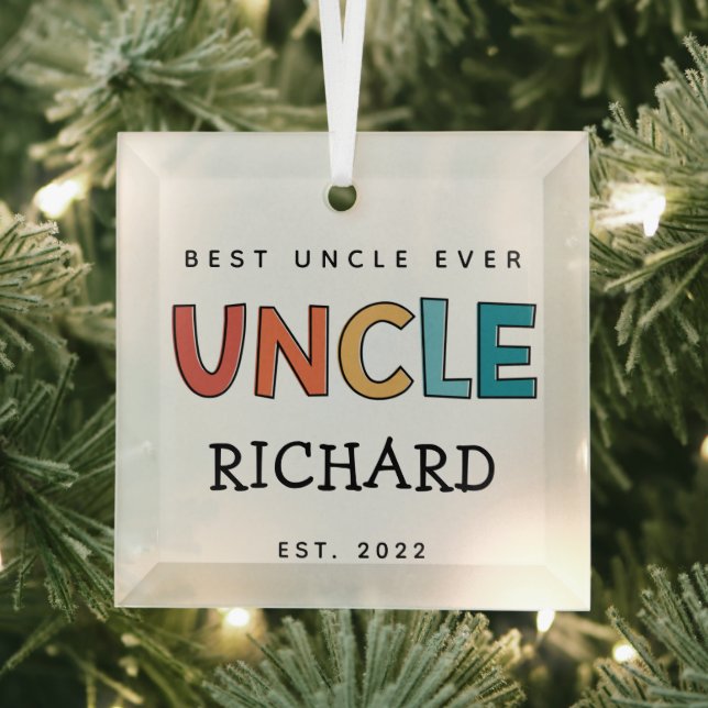 Personalised Uncle Retro Gift Best Uncle Ever Cute Glass Tree Decoration (Insitu)