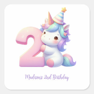Personalised Unicorn 2nd Second Girls Birthday  Square Sticker