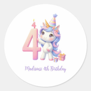 Personalised Unicorn 4th Fourth Girls Birthday  Classic Round Sticker