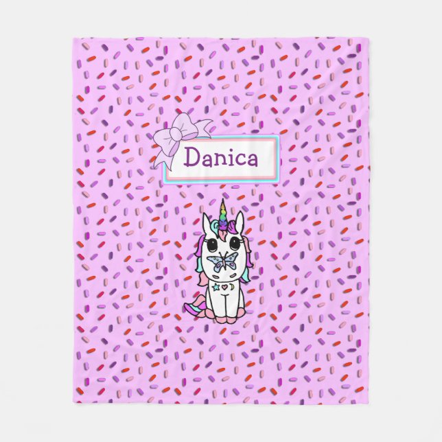 Personalised Unicorn and Candy Sprinkles with Bow Fleece Blanket (Front)