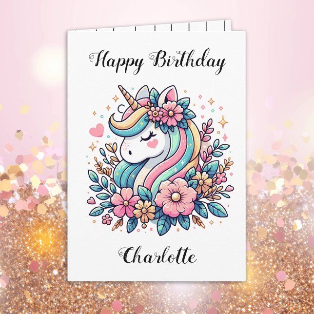 Personalised Unicorn and Flowers Girl's Birthday Card (Creator Uploaded)