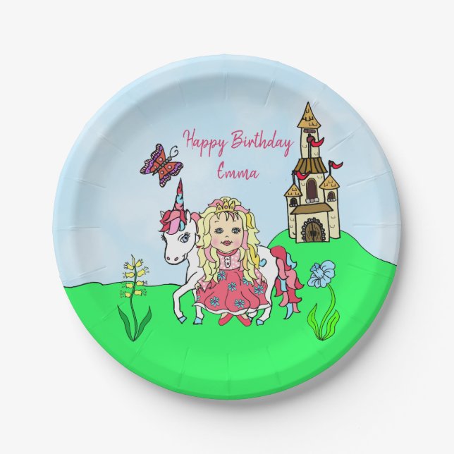 Personalised Unicorn and Princess Birthday Party Paper Plate (Front)