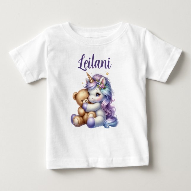 Personalised Unicorn and Teddy Bear Baby T-shirt (Front)