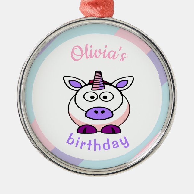 Personalised unicorn birthday pastel colourful metal tree decoration (Front)