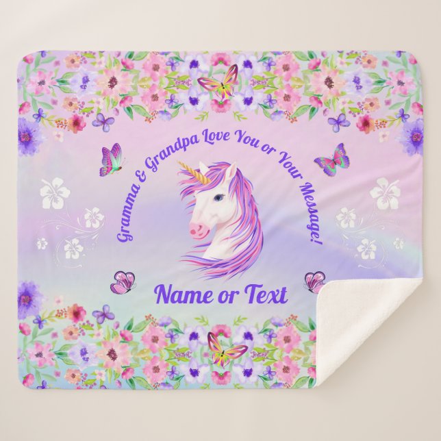 Personalised Unicorn Blankets, Rainbow Colours Sherpa Blanket (Front (Horizontal))