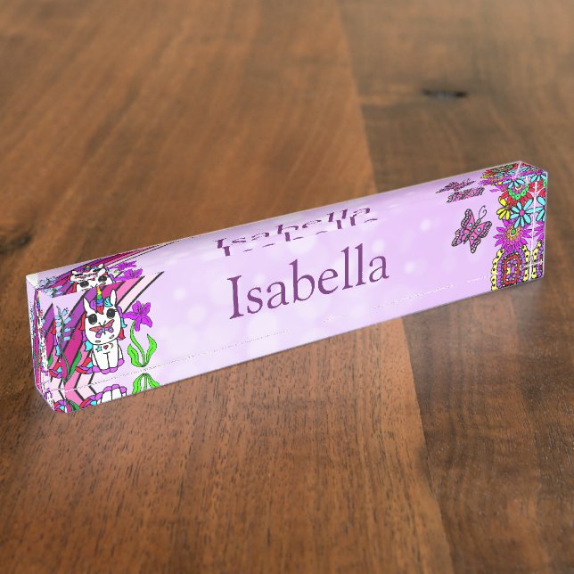 Personalised Unicorn, Butterfly and Flowers Nameplate (Side)
