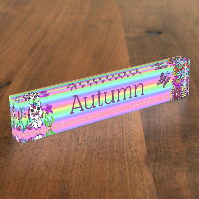 Personalised Unicorn, Butterfly and Flowers Nameplate (Side)