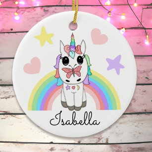 Personalised Unicorn, Butterfly and Rainbow Ceramic Tree Decoration