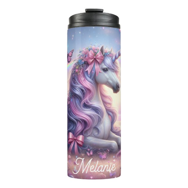 Personalised Unicorn Coquette Butterfly Pink Bows Thermal Tumbler (Front)