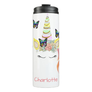 Personalised Unicorn Face Pastel and Gold Glitter Thermal Tumbler