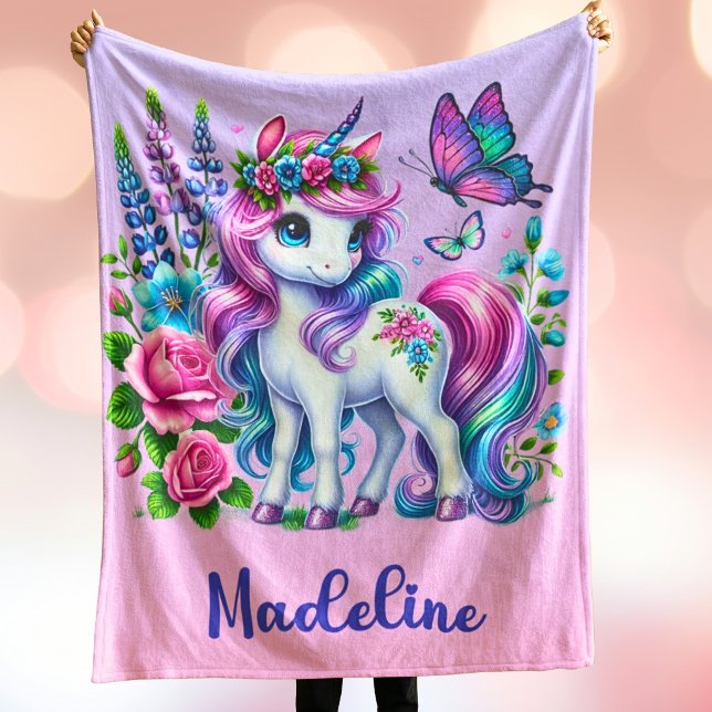 Personalised Unicorn Gift Custom Name Pink Purple Fleece Blanket (Personalized Unicorn Blanket Custom name)