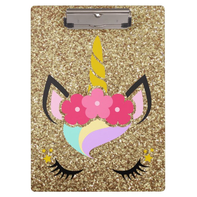 Personalised Unicorn Gold Glitter Clip Board (Front)