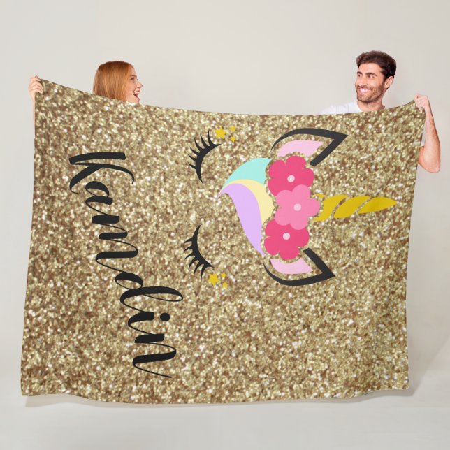 Personalised Unicorn Gold Glitter Fleece Throw Blanket (In Situ)