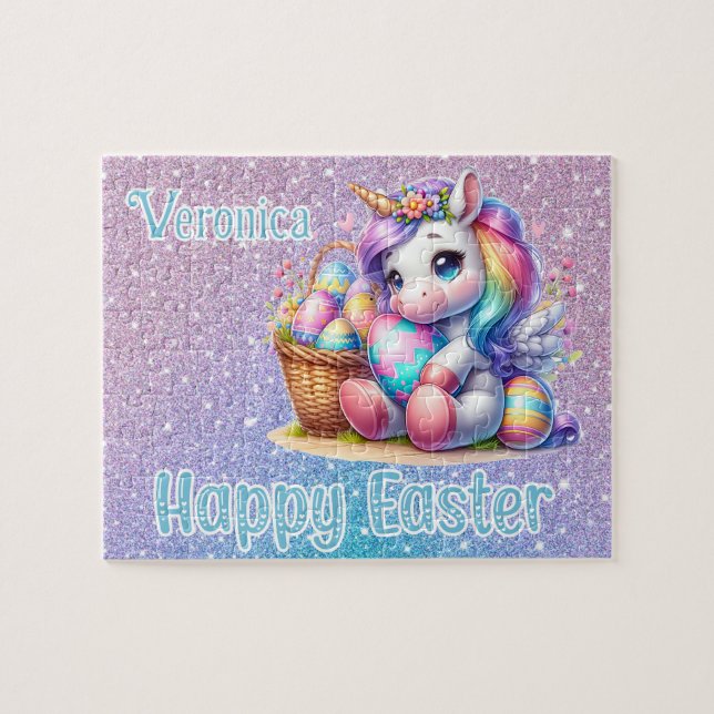 Personalised Unicorn Happy Easter Jigsaw Puzzle (Horizontal)