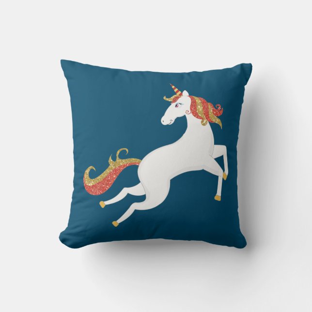 Personalised Unicorn Horse Golden Red Glitter Blue Cushion (Front)