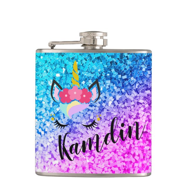 Personalised Unicorn Ombre Fade Glitter Flask (Front)