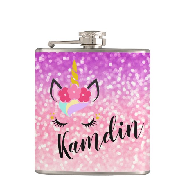 Personalised Unicorn Ombre Fade Glitter Flask (Front)
