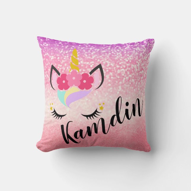 Personalised Unicorn Ombre Fade Glitter Pillow (Front)