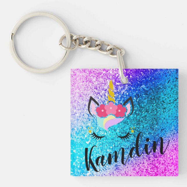 Personalised Unicorn Ombre Glitter Key Chain (Front)