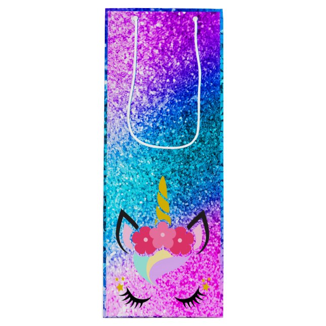 Personalised Unicorn Ombre Glitter Wine Gift Bag (Front)