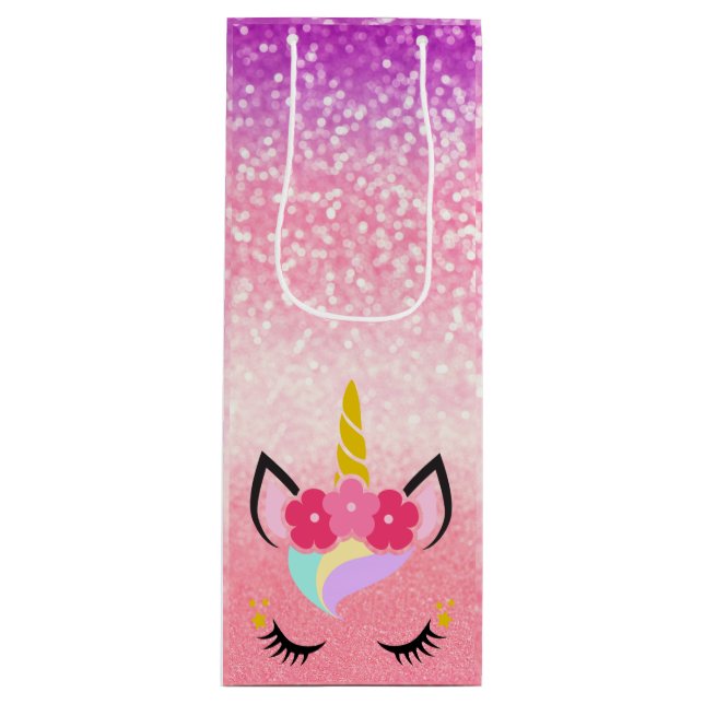 Personalised Unicorn Ombre Glitter Wine Gift Bag (Front)