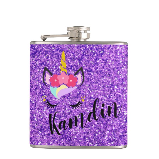 Personalised Unicorn Purple Glitter Flask (Front)