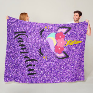 Personalised Unicorn Purple Glitter Fleece Throw Blanket