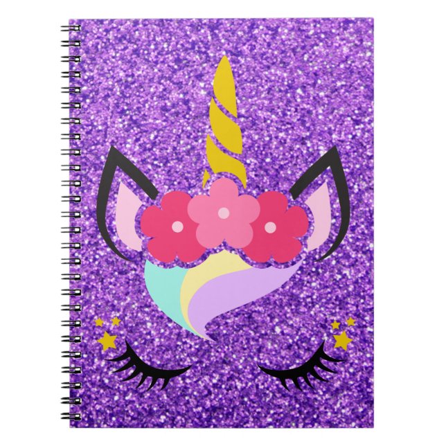 Personalised Unicorn Purple Glitter Note Book (Front)