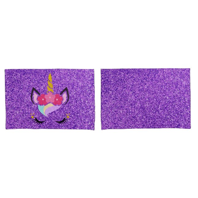Personalised Unicorn Purple Glitter Pillow Cases (Front-Set)