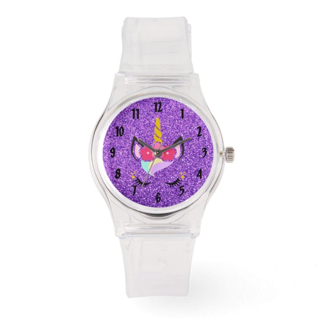 Personalised Unicorn Purple Glitter Wrist Watch (Front)
